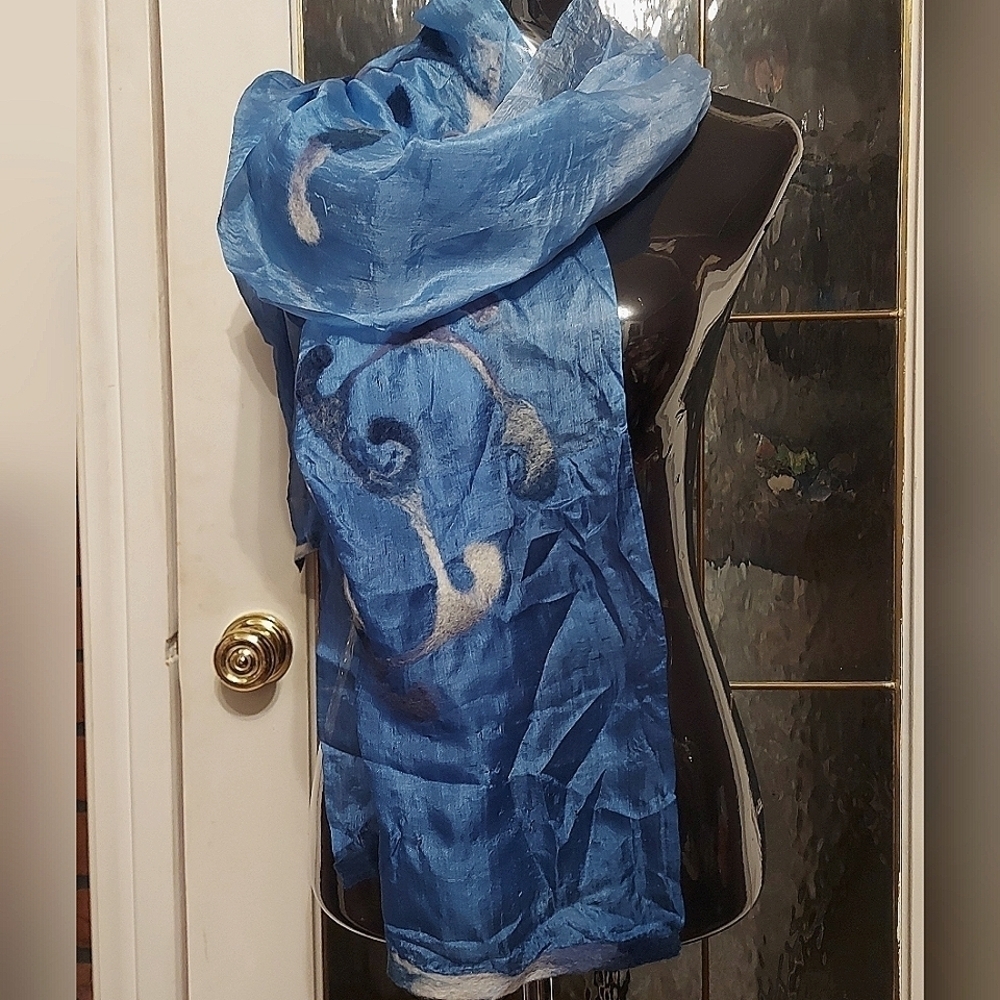 Handmade Felted Wool Scarf Blue Artistic Wrap Soft Textured One-of-a-Kind